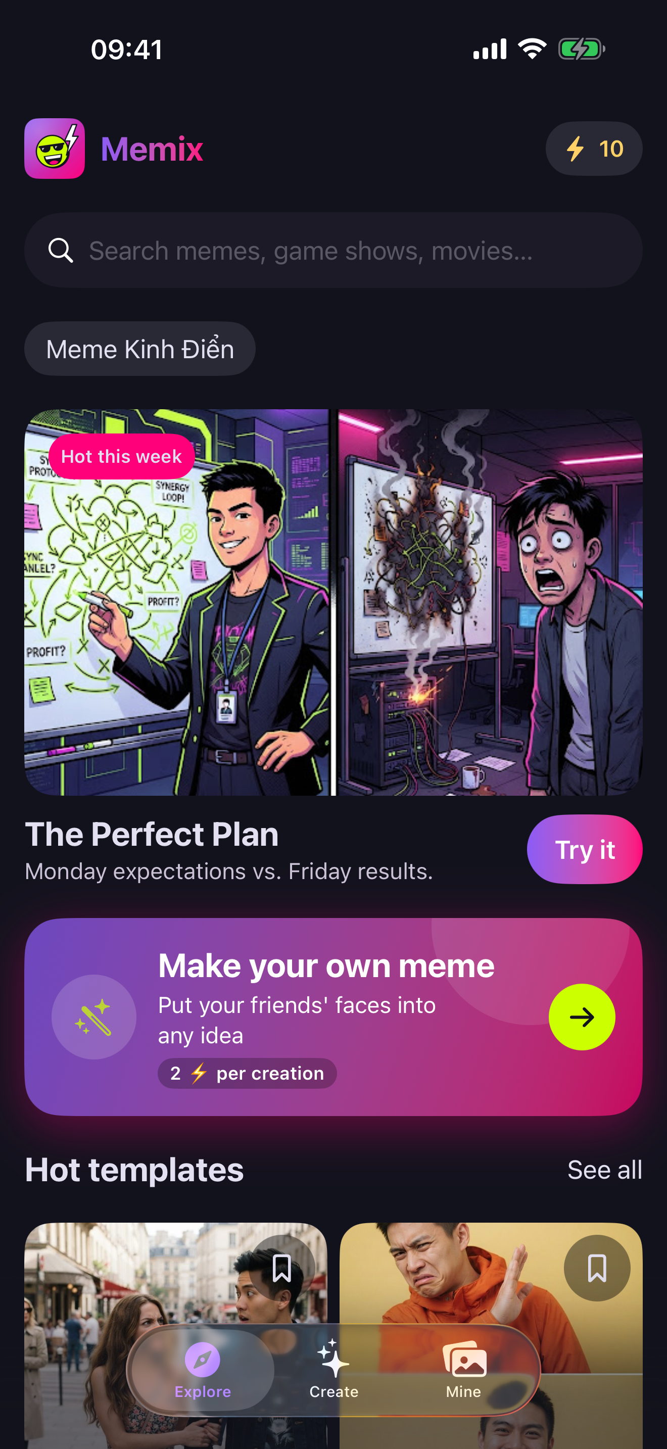 Memix Explore screen with trending meme templates