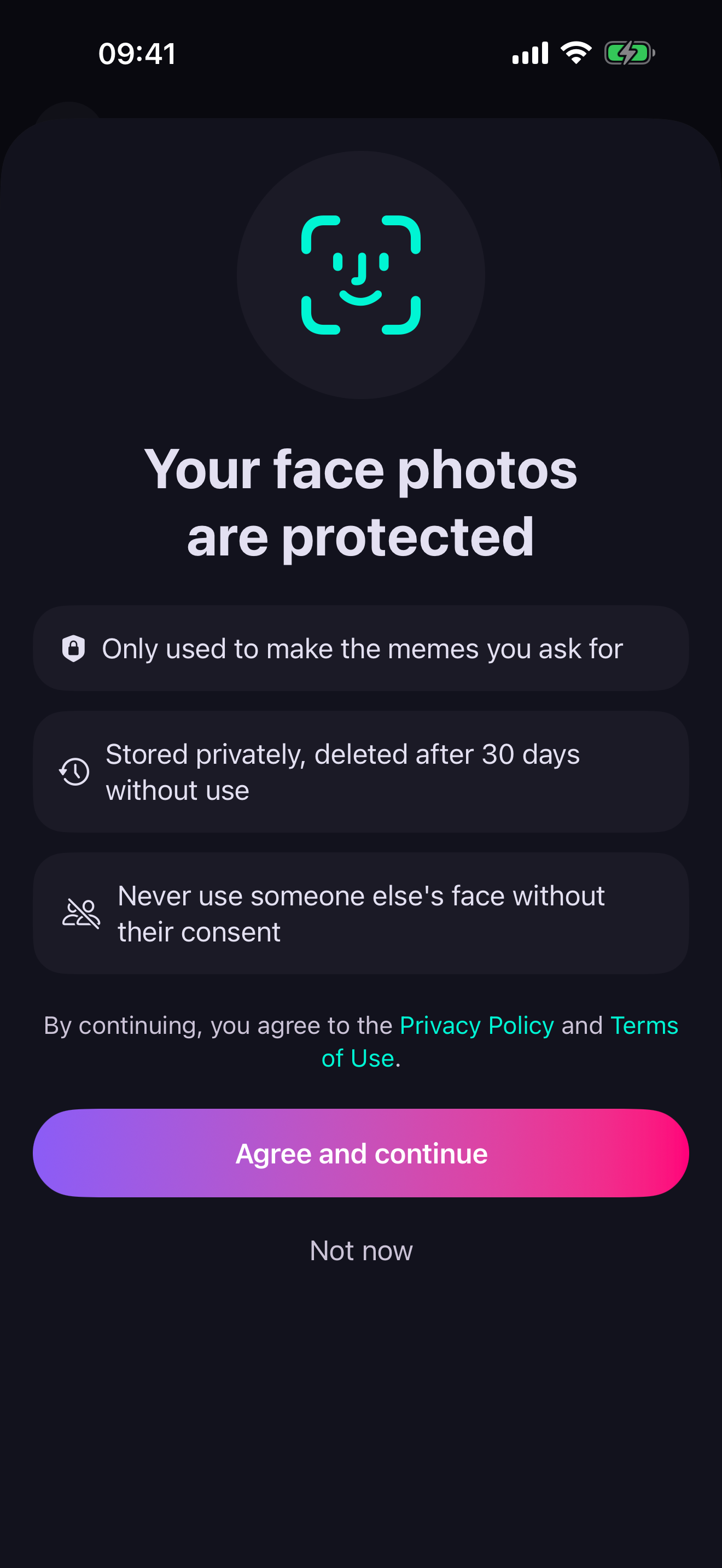 Face photo consent screen explaining how photos are used and deleted