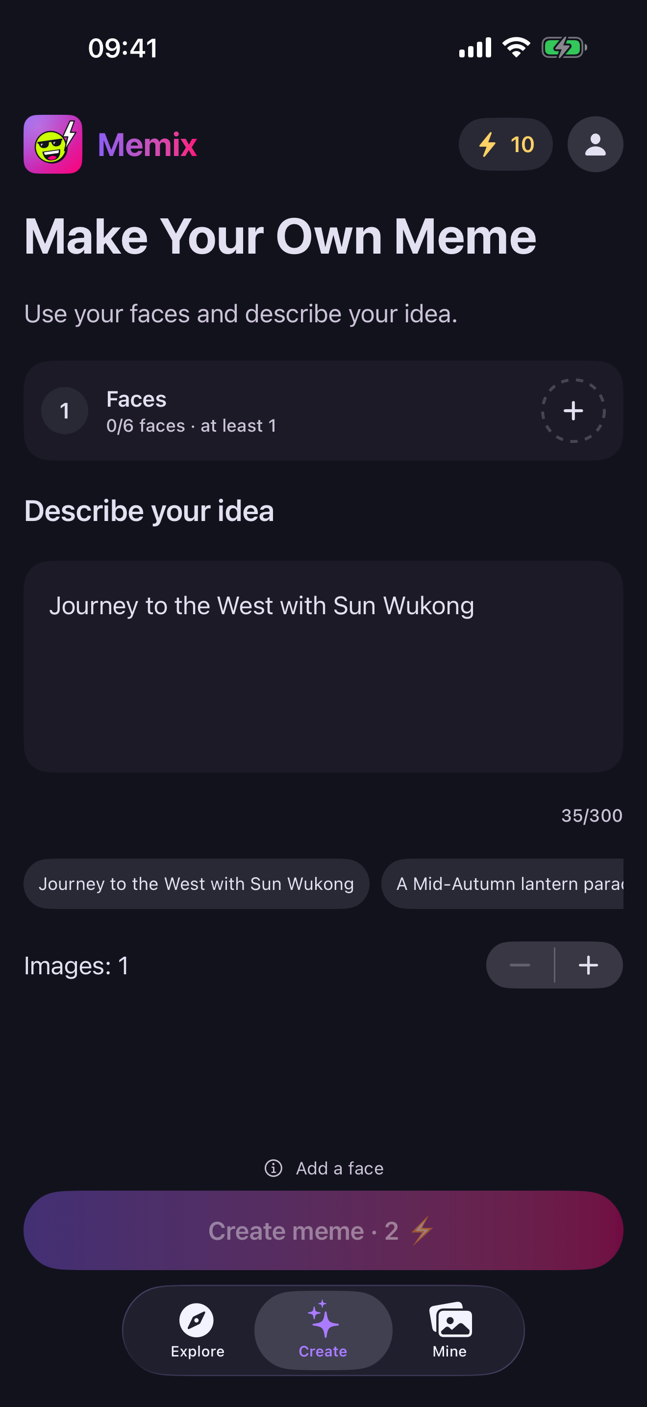 Free creation screen with a face slot and an idea typed in